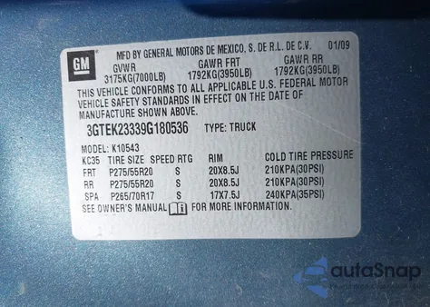 2009 GMC Sierra 1500 Sle z USA, uszkodzony, nr VIN 3GTEK23339G180536